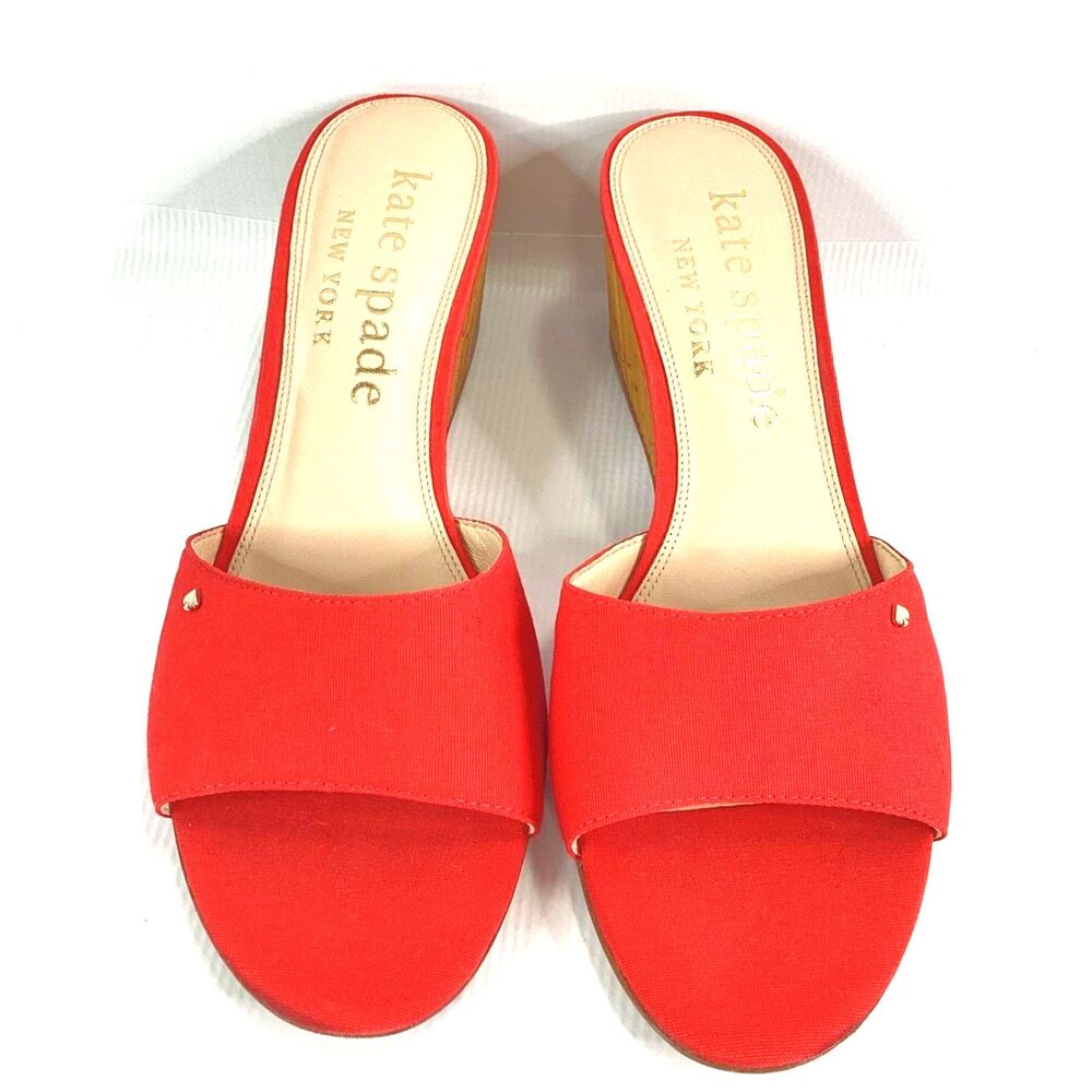 Kate Spade Meena Wedge Slide Sandals Bright Red Canvas Bamboo Heel Size 11B